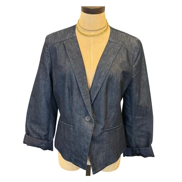 HALOGEN Dark Denim Blazer Jacket Top Women's size L - Picture 1 of 8